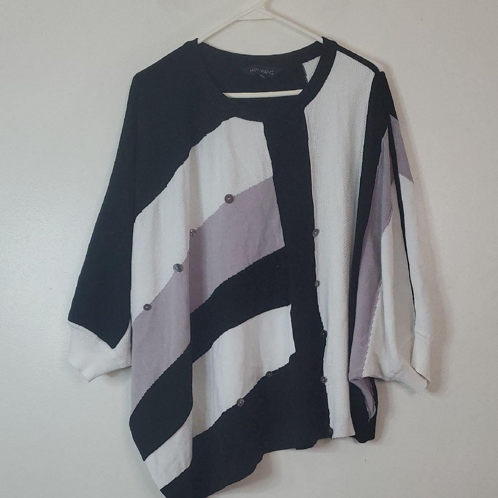 Ming Wang Asymmetrical Striped Batwing Top One Size Button Design